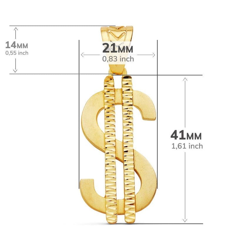 Colgante de oro de ley 18k símbolo del dólar medidas