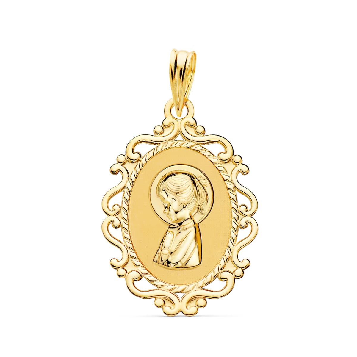 18K MEDALLA VIRGEN NIÑA PERFIL CERCO CALADO BRILLO 23X16 MM
