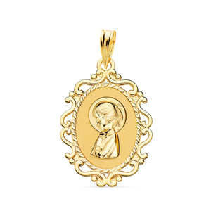 18K MEDALLA VIRGEN NIÑA PERFIL CERCO CALADO BRILLO 23X16 MM